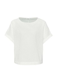 Witte top met korte mouwen, voorzien van een getextureerd patroon van kleine uitsparingen in een rasterpatroon. Ronde halslijn, losse pasvorm en zachte stof.