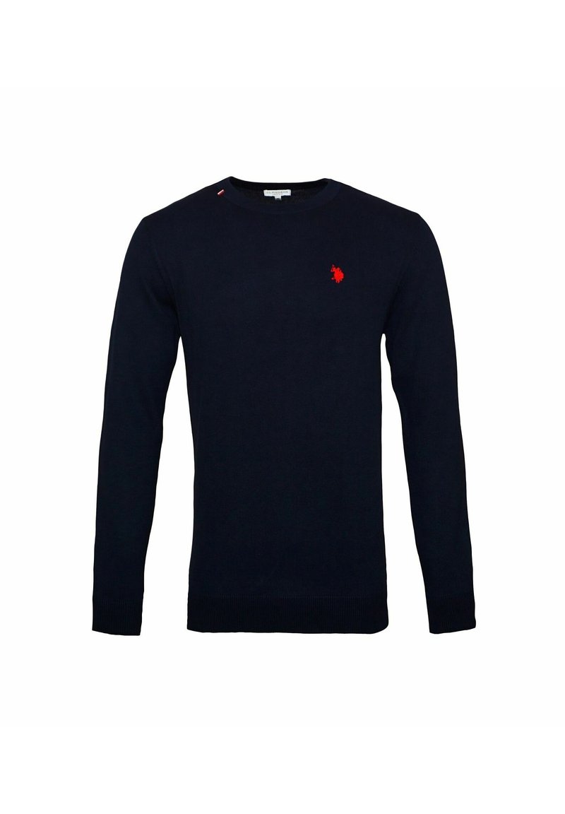 Pull bleu marine en coton, doté d'un col rond, de manches longues et d'un petit logo rouge sur la poitrine avec des coutures rouges discrètes.