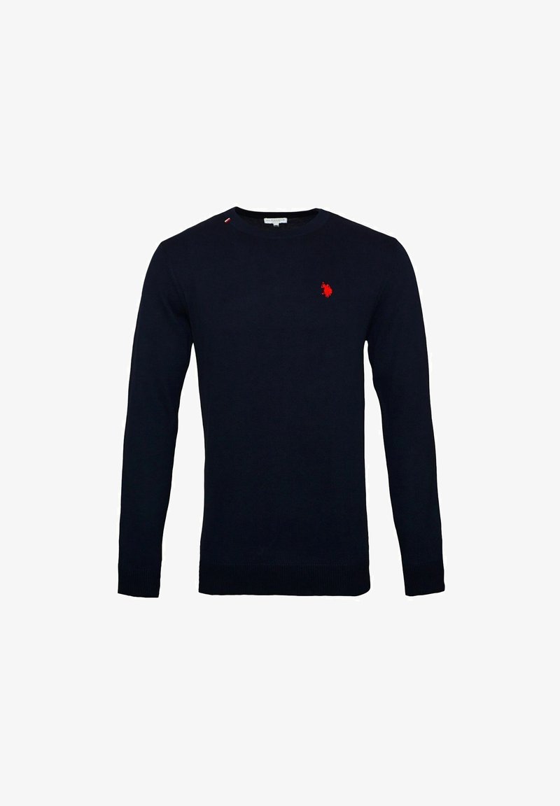 Pull bleu marine en coton, doté d'un col rond, de manches longues et d'un petit logo rouge sur la poitrine avec des coutures rouges discrètes.