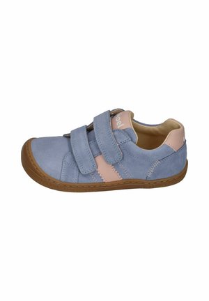 Light blue suede child’s sneaker with pink accents, double Velcro straps, and brown rubber sole, viewed from the outer side.