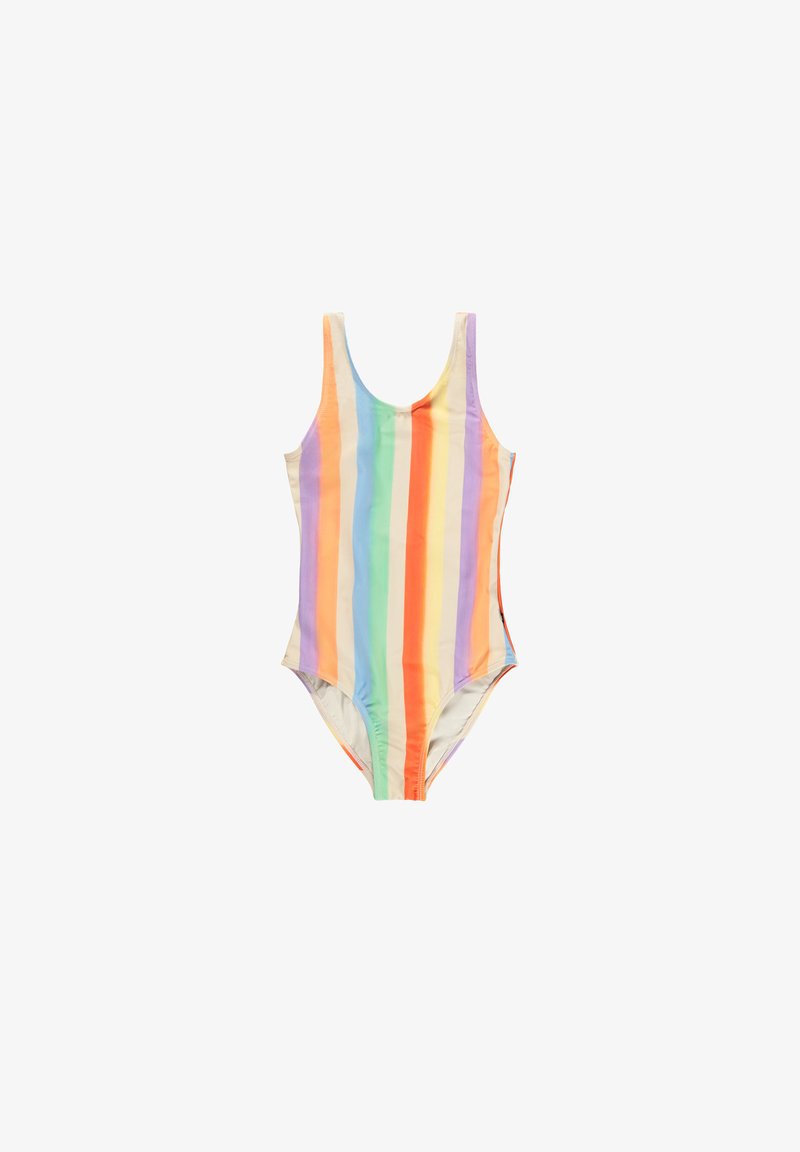 Maillot de bain à rayures multicolores avec des fines bretelles, présentant des couleurs pastel verticales : violet clair, vert, jaune, rose et orange. Texture lisse.