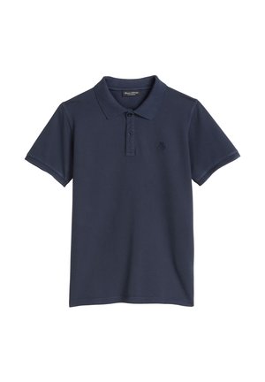 Polo bleu marine à manches courtes avec col, double patte de boutonnage et petit logo brodé "M OP" sur la poitrine gauche.