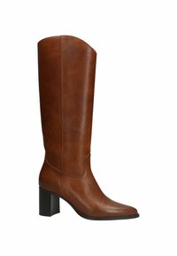 Brown leather knee-high boot with a square toe, block heel, and smooth texture. Features a slightly curved top edge for design variation.