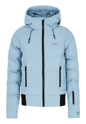 Light blue insulated jacket with a zippered front, black accents, adjustable hood, and two side pockets. Made from waterproof material.