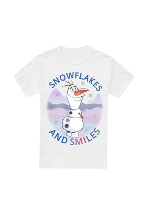 Weißes Baumwoll-T-Shirt mit einem cartoonhaften Schneemann, der eine orange Karottennase hat, umgeben von blauer Schrift mit dem Text "SCHNEEFLÖCKE UND LÄCHELN" sowie Schneeflocken-Grafiken.