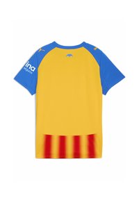 Gul och blå sporttröja med korta ärmar, röda vertikala ränder nertill och små logotyper på ärmarna och övre ryggen.