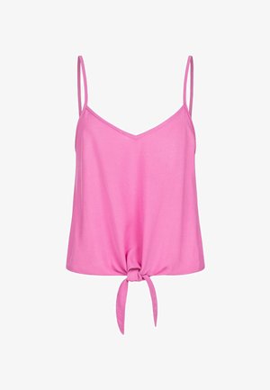 Top sin mangas de color rosa con detalle de lazo en el dobladillo. Fabricado con una tela suave, cuenta con escote en V y tirantes finos ajustables.
