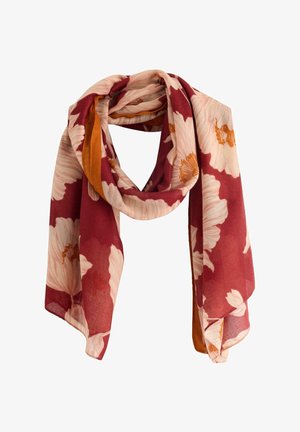 Foulard floreale in bordeaux e crema con dettagli arancioni. Tessuto leggero, caratterizzato da grandi motivi floreali e superficie liscia. Caduta elegante.