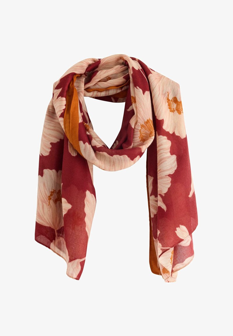 Écharpe florale en bordeaux et crème avec des accents orange. Tissu léger, présentant de grands motifs floraux et une texture lisse. Drapée élégamment.