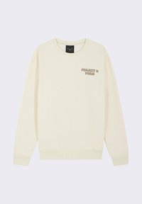 Sweatshirt couleur crème avec manches longues, poignets et ourlet côtelés. Présente le logo "PROJECT x PARIS" en beige sur le côté gauche de la poitrine. Texture douce.