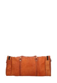 Brun lædertaske med to håndtag, lynlåslukning og sidelomme. Glat tekstur og minimalistisk design.