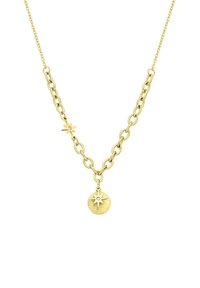 Goudkleurige ketting met een gestructureerde schakels, een ster charm, en een ronde hanger met een sterontwerp en een kleine gemstone accent.
