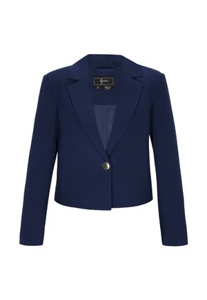 Marineblå cropped blazer med lange ærmer, enkelt sølvknaplukning og reverskrave med hakk.