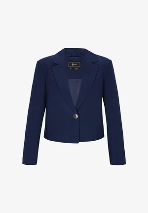 Marineblå cropped blazer med lange ærmer, enkelt sølvknaplukning og reverskrave med hakk.