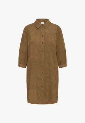 Hnedá košeľová šaty z jemného kordu do kolien s dlhými rukávmi, golierom a predným zapínaním na gombíky.