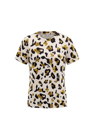 Witte T-shirt met korte mouwen met zwart en goud glitterluipaardprintpatroon, ronde hals, afgebeeld op een witte achtergrond.