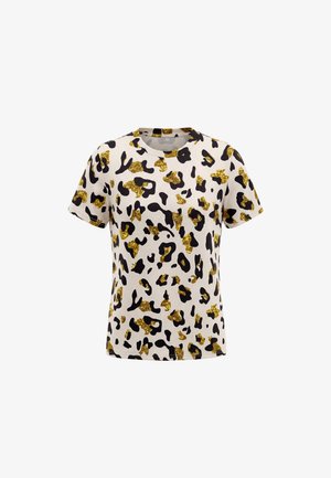 Rövid ujjú fehér póló fekete és arany csillogó leopárdmintával, kerek nyakkivágással, fehér háttéren bemutatva.