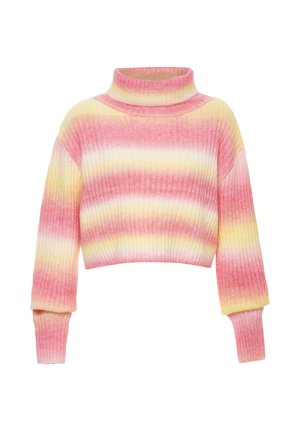 Gestreifter cropped Pullover in Pink, Gelb und Weiß, mit gerippter Stricktextur, Stehkragen, langen Ärmeln und Farbverläufen.
