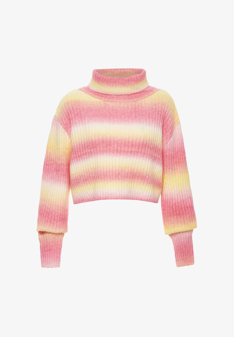 Gestreifter cropped Pullover in Pink, Gelb und Weiß, mit gerippter Stricktextur, Stehkragen, langen Ärmeln und Farbverläufen.