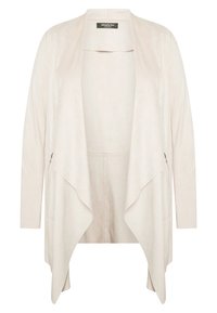 Beige kardigan s otevřeným předním dílem vyrobený z měkkého, nubukovému materiálu. Má dlouhé rukávy, splývavý přední díl a dvě boční kapsy na zip.