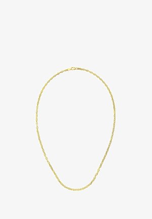 Guldfarvet kædehalskæde med et fint design bestående af sammenkædede led og en lukning med lås. Glat tekstur med en subtil glans.