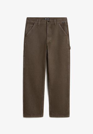 Pantalons marron à jambe droite en matériau durable. Comprend des poches avant, une poche latérale et des coutures discrètes. Design simple, sans motifs visibles.