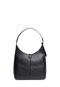 Černá kožená kabelka na rameno s hladkým povrchem, zaobleným tvarem a jedním horním uchem. Obsahuje přední šev a božní štítek.