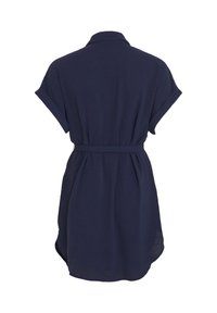 Robe bleu marine à manches courtes avec poignets retroussés, un col et une ceinture assortie à la taille, vue de dos.