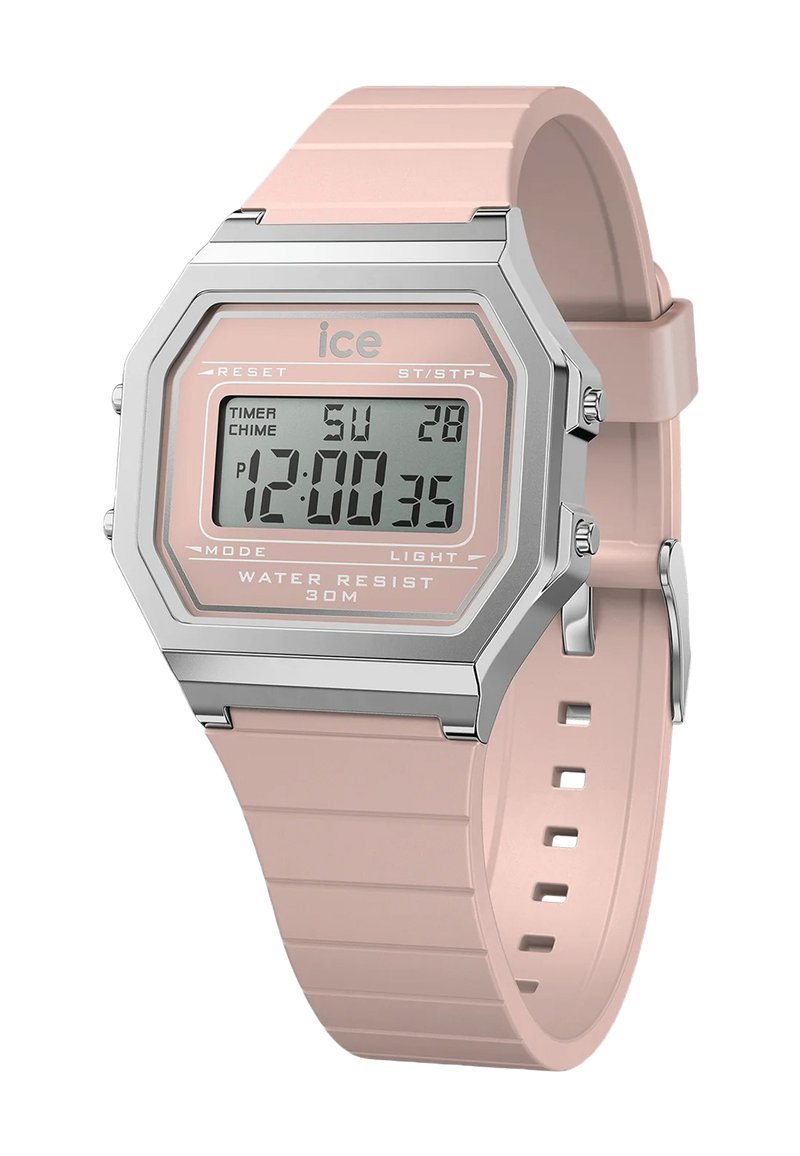 Skaitmeninis laikrodis su sidabriniu nerūdijančio plieno korpusu ir šviesiai rožiniu silikono dirželiu. Jame yra stačiakampis ekranas, laikmatis ir atsparumas vandeniui iki 30 metrų.