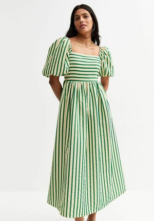 Green and cream striped dress with puffed sleeves, square neckline, and a full skirt, made from lightweight fabric with a textured finish.