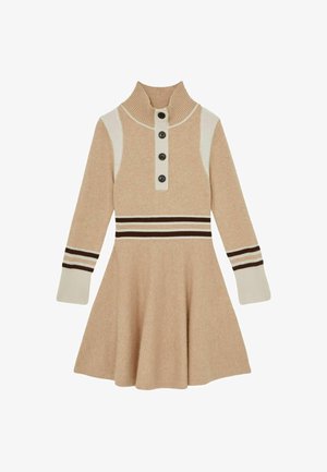 Strickkleid in Beige, mit hohem Kragen, Knopfleiste und langen Ärmeln mit gestreiften Akzenten. A-Linien-Silhouette mit strukturiertem Stoff.