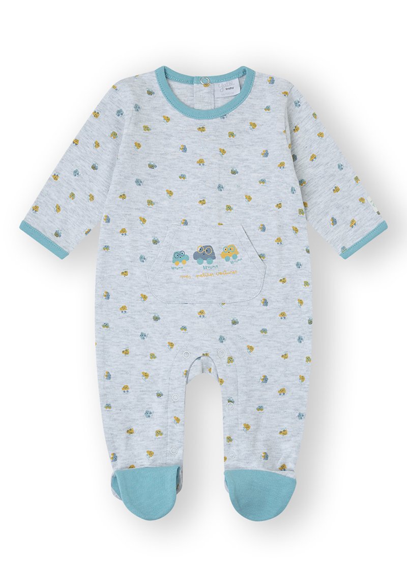 Pelele para bebé de manga larga en color gris con estampados de animales multicolor, un bolsillo con tres personajes de dibujos animados, y puños y pies con detalles en azul.