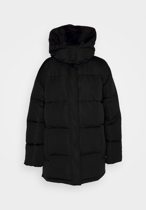 Schwarze Daunenjacke mit Kapuze, mit einem gesteppten Design und einem Frontreißverschluss, aus einem glatten, leichten Stoff gefertigt.