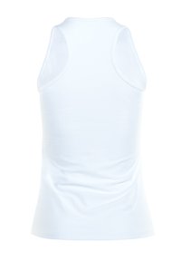 Bílý bezrukávový top s hladkým, elastickým materiálem a přiléhavým střihem, který má zaoblený výstřih a čistý, klasický střih.