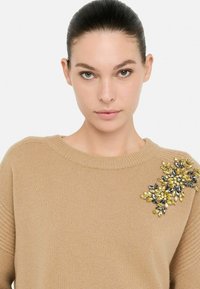 Maglione beige a maglia con colletto rotondo e motivo testurizzato. I dettagli notevoli includono un'aggiunta floreale con accenti gialli e neri.