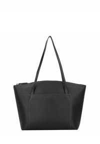 Sac fourre-tout en cuir noir avec deux poignées, fermeture zippée et poche avant. Présente une texture lisse et un design structuré.