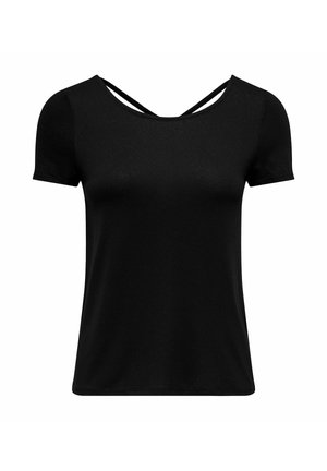 Schwarzes T-Shirt mit kurzen Ärmeln, rundem Ausschnitt und überkreuztem Rückendetail. Hergestellt aus einem glatten, leichten Stoff.