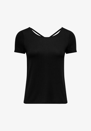 Schwarzes T-Shirt mit kurzen Ärmeln, rundem Ausschnitt und überkreuztem Rückendetail. Hergestellt aus einem glatten, leichten Stoff.