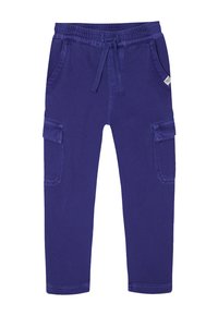Paarse cargobroek met een elastische tailleband, trekkoord, zijzakken en cargozakken op de bovenbenen. Gemaakt van zachte stof.