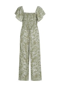 Combinaison pantalon kaki à jambes larges avec imprimé floral blanc, encolure carrée froncée et manches courtes bouffantes.