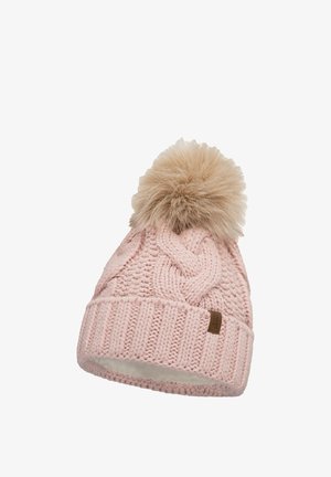 Kötött rózsaszín sapka, nagy műszőrme pom-pommal a tetején, kábelmintás kialakítással és hajtogatott bordás szegéllyel.