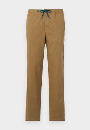 Bruine katoenen broeken met een trekkoord in het groenblauw. Het ontwerp heeft rechte pijpen en geen zichtbare zakken of versieringen.