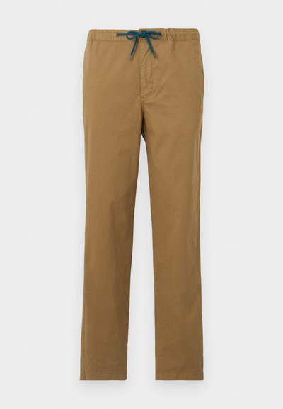 Brown cotton pants with a drawstring waist in teal. The design features straight legs and no visible pockets or embellishments.