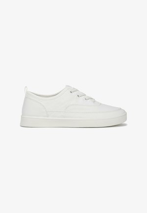 White low-top canvas sneaker with lace-up front, rubber sole, and pull tab at the heel, shown in side profile on a white background.