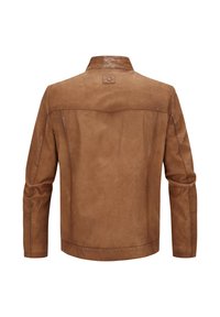 Braune Lederjacke mit Kragen, taillierter Silhouette und glatter Textur. Verfügt über ein minimalistisches Design und Nähte an den Ärmeln.