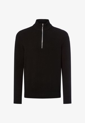Schwarzer gerippter Strickpullover mit hohem Kragen und halber Reißverschlussöffnung. Verfügt über lange Ärmel und einen figurschmeichelnden Saum. Texturierter Stoff.