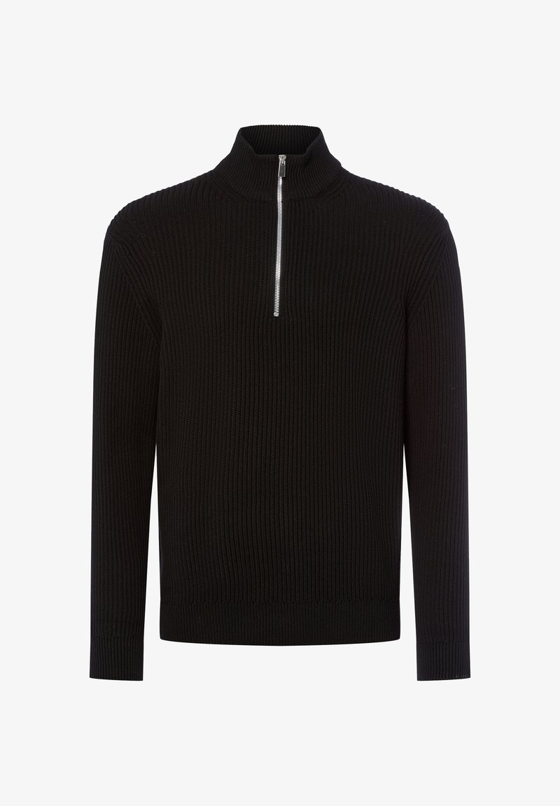 Schwarzer gerippter Strickpullover mit hohem Kragen und halber Reißverschlussöffnung. Verfügt über lange Ärmel und einen figurschmeichelnden Saum. Texturierter Stoff.