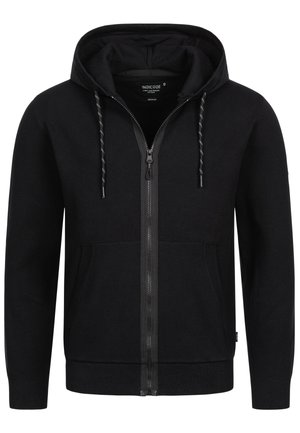 Sort lynlås hoodie med hætte, snoretræks hætte, forlommer, ribbede ærmer og kant. Glat stoftekstur, uden mønstre eller accenter.