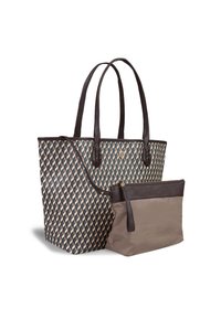 Tote bag featuring a geometric pattern in blue, beige, and brown with brown leather handles. Includes a smaller matching zippered pouch.