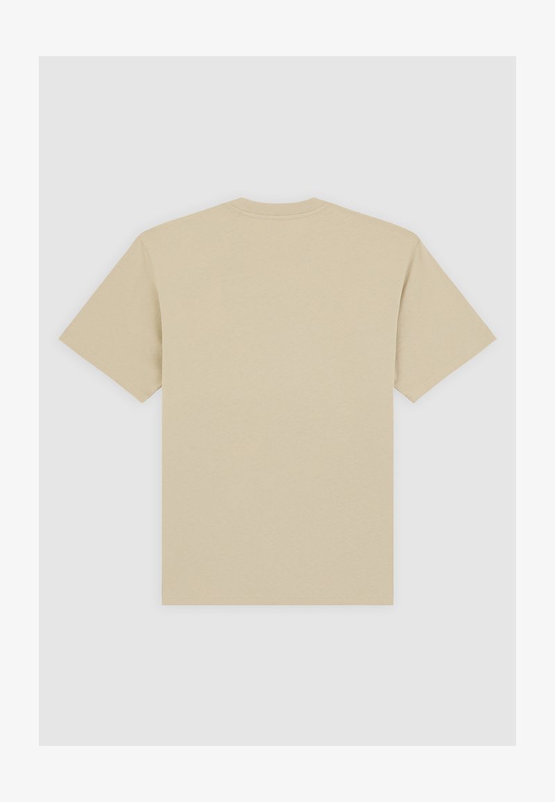 Beiges T-Shirt mit kurzen Ärmeln aus weicher Baumwolle. Einfaches Design mit rundem Ausschnitt. Keine sichtbaren Muster oder Grafiken.